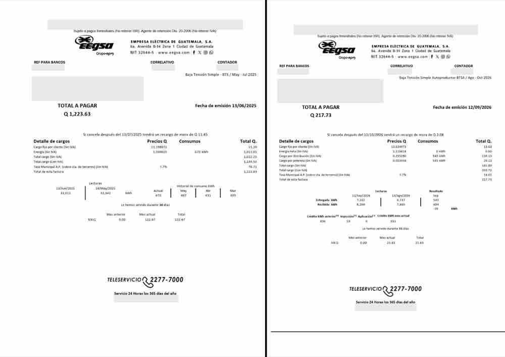 Anexo: recibo de EEGSA de may–jul 2025 por Q1,223.63 y recibo de ago–oct 2026 con tarifa autoproductor por Q217.73, con datos personales ocultos